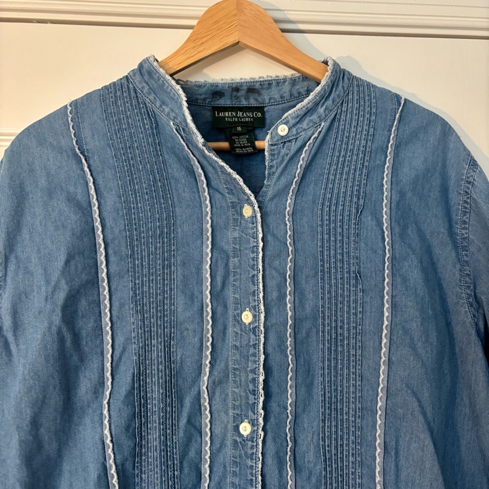 Ralph Lauren Lauren Jeans Co Vintage Chambray Blue Denim Ruffle Cottage Top 16 S - Picture 5 of 10